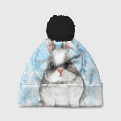 Шапка с помпоном Белый кролик и снежинки, цвет: 3D-черный