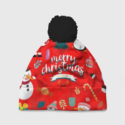 Шапка с помпоном Merry christmas art, цвет: 3D-черный