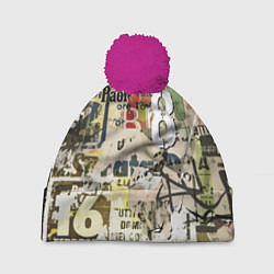 Шапка с помпоном Восьмёрка на фоне рваных афиш, цвет: 3D-малиновый