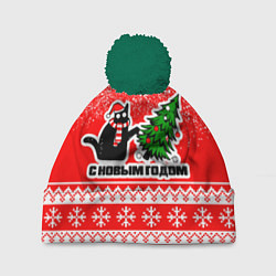 Шапка c помпоном С новым годом - котик и ёлка