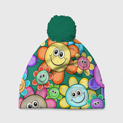 Шапка с помпоном Ромашки - смайлы, цвет: 3D-зеленый