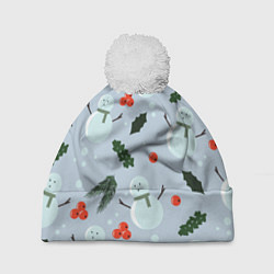 Шапка с помпоном Снеговики и ягодки, цвет: 3D-белый