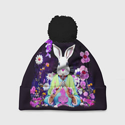 Шапка c помпоном Кролик в цветах на черном фоне