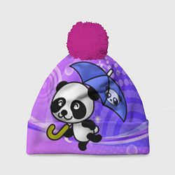 Шапка с помпоном Панда с зонтиком бежит в гости, цвет: 3D-малиновый