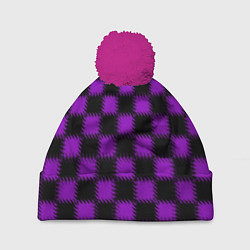Шапка c помпоном Фиолетовый черный узор Шахматка