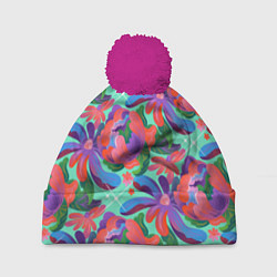 Шапка с помпоном Цветочный паттерн арт, цвет: 3D-малиновый