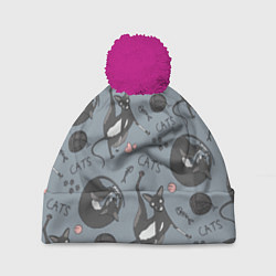 Шапка с помпоном Паттерн смешные коты Корниш рекс, цвет: 3D-малиновый