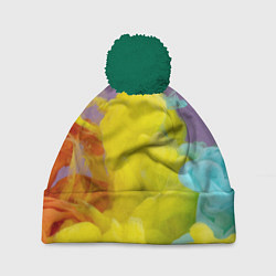 Шапка с помпоном Абстрактные разноцветные объёмные дымы, цвет: 3D-зеленый