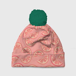 Шапка с помпоном Цитрусовые дольки - розовый паттерн, цвет: 3D-зеленый