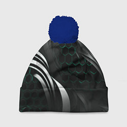Шапка с помпоном Объемные бирюзовые плиты и черные линии, цвет: 3D-тёмно-синий