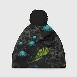 Шапка с помпоном Зеленые абстрактные листья, цвет: 3D-черный
