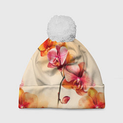 Шапка с помпоном Акварельные цветы - персиковый паттерн, цвет: 3D-белый