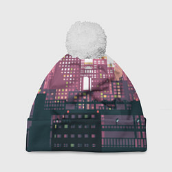 Шапка c помпоном Пиксельный пейзаж города - закат