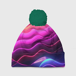 Шапка с помпоном Розовые и фиолетовые неоновые волны, цвет: 3D-зеленый