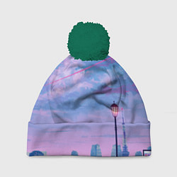 Шапка с помпоном Город и красочное небо, цвет: 3D-зеленый