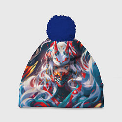 Шапка с помпоном Девушка киберсамурай и дракон от нейросети, цвет: 3D-тёмно-синий