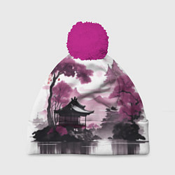 Шапка с помпоном Японские мотивы - фиолетовый, цвет: 3D-малиновый