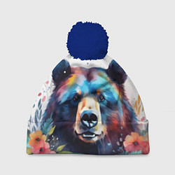 Шапка с помпоном Портрет медведя гризли с цветами акварелью, цвет: 3D-тёмно-синий
