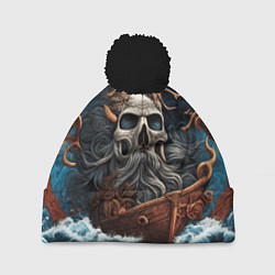 Шапка с помпоном Тату ирезуми черепа пирата на корабле в шторм, цвет: 3D-черный