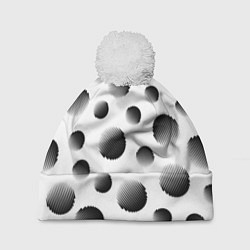 Шапка с помпоном Черные полосатые шары на белом, цвет: 3D-белый