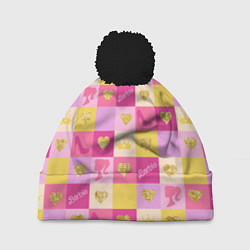 Шапка с помпоном Барби: желтые и розовые квадраты паттерн, цвет: 3D-черный