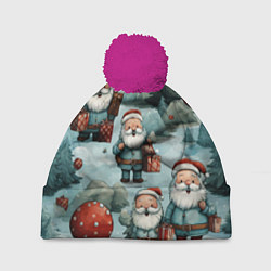 Шапка с помпоном Рождественский узор с Санта Клаусами, цвет: 3D-малиновый
