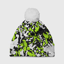 Шапка с помпоном Абстракция чёрно-зелёная, цвет: 3D-белый
