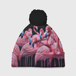 Шапка с помпоном Стая розовых фламинго в темноте, цвет: 3D-черный