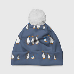 Шапка с помпоном Забавное семейство пингвинов, цвет: 3D-белый