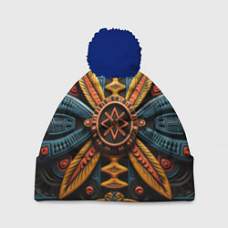 Шапка с помпоном Орнамент в стиле африканских племён, цвет: 3D-тёмно-синий