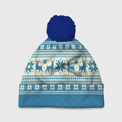 Шапка с помпоном Sweater with deer on a blue background, цвет: 3D-тёмно-синий