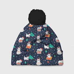 Шапка c помпоном Pattern with new years cats