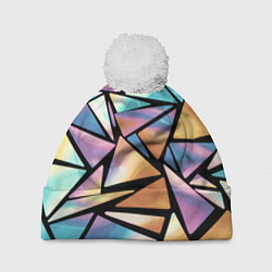 Шапка с помпоном Радужные треугольники - кристаллы голографические, цвет: 3D-белый