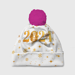 Шапка с помпоном Новый 2024 год - золотой, цвет: 3D-малиновый