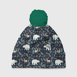 Шапка с помпоном Акварельные медведи и олени, цвет: 3D-зеленый