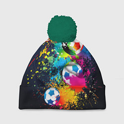 Шапка с помпоном Разноцветные футбольные мячи, цвет: 3D-зеленый
