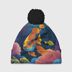 Шапка с помпоном Оранжевые рыбки и кораллы под водой, цвет: 3D-черный