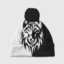 Шапка с помпоном Волк чёрно-белый, цвет: 3D-черный