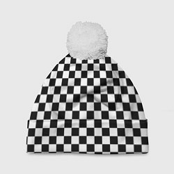 Шапка c помпоном Шахматное поле чёрно-белый