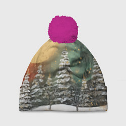Шапка с помпоном Большая луна и новогодний лес, цвет: 3D-малиновый