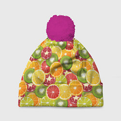 Шапка с помпоном Фон с экзотическими фруктами, цвет: 3D-малиновый