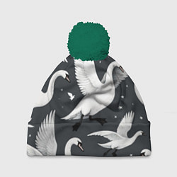 Шапка с помпоном Стая белых лебедей летящих в небе, цвет: 3D-зеленый
