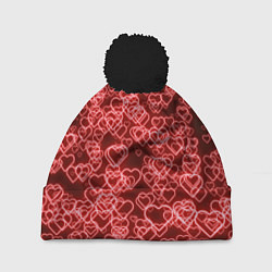 Шапка с помпоном Неоновые сердечки красные, цвет: 3D-черный