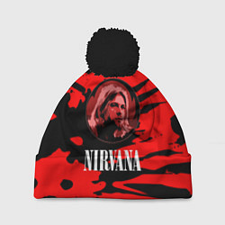 Шапка с помпоном Nirvana красные краски рок бенд, цвет: 3D-черный