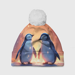 Шапка с помпоном Романтичная пара пингвинов, цвет: 3D-белый