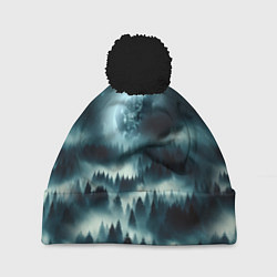 Шапка с помпоном Луна и туман в лесу, цвет: 3D-черный