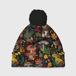 Шапка с помпоном Фон с лесными грибами, цвет: 3D-черный