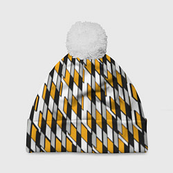 Шапка с помпоном Киберпанк узор чёрно-жёлтый на белом фоне, цвет: 3D-белый