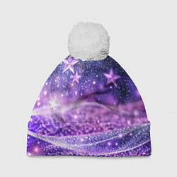 Шапка с помпоном Абстрактные звезды в фиолетовых искрах, цвет: 3D-белый