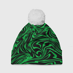 Шапка с помпоном Узор на черном фоне с ярким зеленым абстрактным ди, цвет: 3D-белый